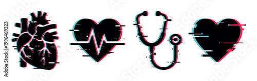 Medical icons set with glitch effect, featuring anatomical heart, heartbeat, stethoscope, and simple heart shape for health concepts.
