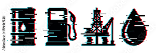 Oil barrel, gas pump, rig, and drop icons with a modern digital glitch effect representing the petroleum industry.