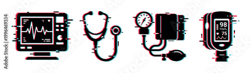 Medical devices with glitch effect, including a patient monitor, stethoscope, blood pressure cuff, and pulse oximeter, representing modern healthcare technology.