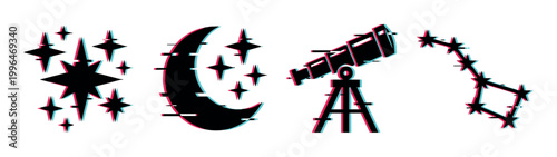 Glitch effect astronomy icons featuring stars, a crescent moon, a telescope, and a constellation for cosmic exploration.