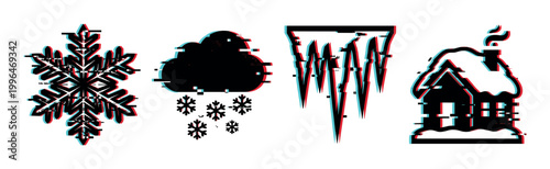 Winter weather icons with a modern digital glitch effect, representing cold season elements and technology disruption.