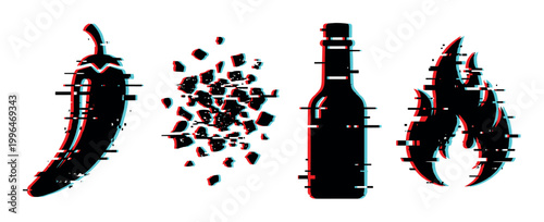 Chili pepper, hot sauce bottle, chili flakes, and flame icons with a modern digital glitch effect.