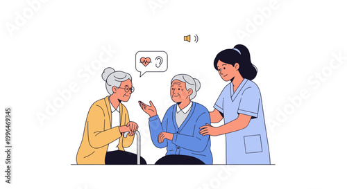 Caring nurse assists senior women with communication and health support.