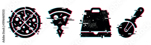 Glitch effect pizza icons including a whole pizza, a slice, a delivery box, and a cutter, representing digital food concepts.