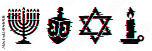 Jewish holiday symbols with modern glitch effect, including a menorah, dreidel, Star of David, and candle, representing cultural celebration.