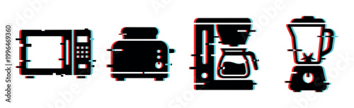 Glitch effect kitchen appliances including microwave, toaster, coffee maker, and blender in a modern digital style illustration.