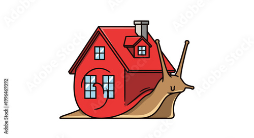 Cartoon illustration of a snail carrying a red house on its back as its shell