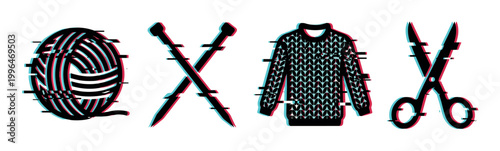 Yarn ball, knitting needles, sweater, and scissors with a modern glitch effect creating a unique craft and hobby illustration.
