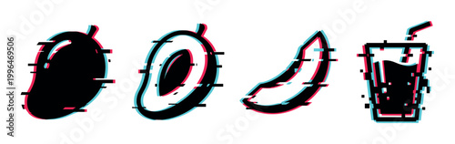 Mangoes and refreshing drink with a modern digital glitch effect illustration, featuring whole fruit, half, and slice