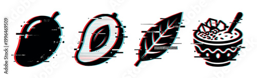 Mango fruit, sliced mango, tropical leaf, and dessert bowl with glitch effect, representing digital art and modern food concepts.