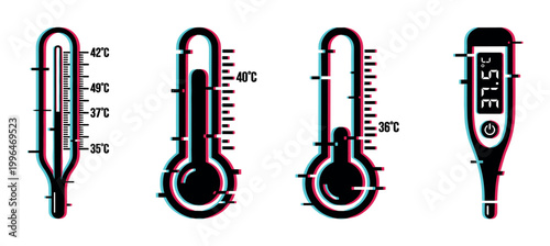 Medical thermometers displaying different temperature readings with a modern digital glitch effect, symbolizing health and illness.
