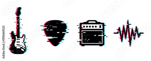 Glitch effect rock music icons featuring electric guitar, pick, amplifier, and sound wave graphic.
