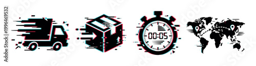 Fast delivery, shipping, and logistics icons with modern glitch effect representing global transportation and quick service.