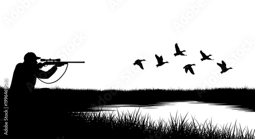 Silhouette of a hunter aiming at ducks in flight