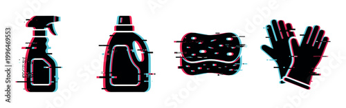 Household cleaning supplies with a modern glitch effect, including spray bottle, detergent, sponge, and protective gloves.