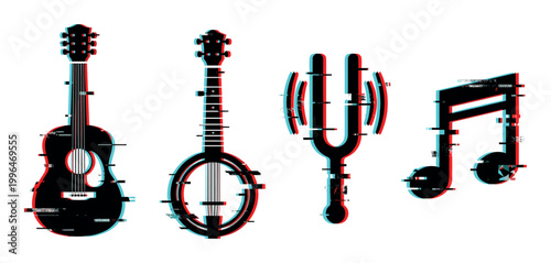 Musical instruments, tuning fork, and note with a modern glitch effect digital distortion creating a vibrant graphic design.