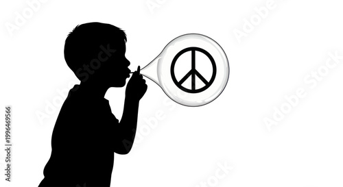 Silhouette of a child blowing a peace symbol bubble