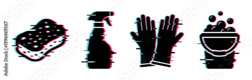 Household cleaning tools and supplies with a modern digital glitch effect, representing hygiene and sanitation.