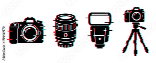 Photography equipment icons with a modern glitch effect, including a camera, lens, flash, and tripod, representing digital media.