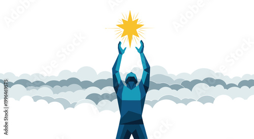 Person reaching for a star in the sky above clouds.