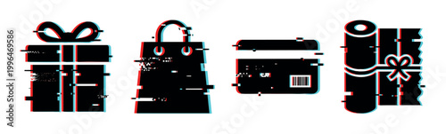 Glitch effect shopping icons set featuring a gift box, shopping bag, credit card, and wrapping paper for digital commerce concepts.