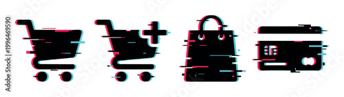 Shopping cart, shopping bag, and credit card icons with a modern digital glitch effect, representing online commerce and electronic transactions.