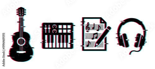 Glitch effect musical instruments and audio equipment icons featuring a guitar, keyboard, music sheet, and headphones for digital sound production.