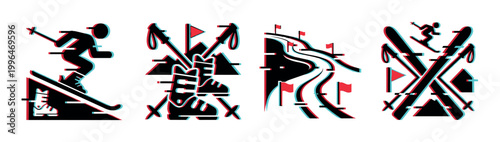 Skiing sport icons set with a modern glitch effect, representing winter activities and equipment for graphic design projects and web elements.