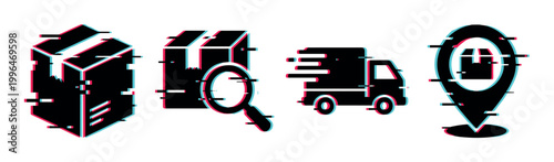 Glitch effect delivery and shipping icons set featuring package, tracking, fast truck, and location pin for modern logistics concepts.
