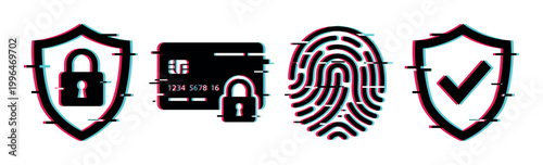 Digital security icons with glitch effect representing data protection, secure payments, and biometric authentication.