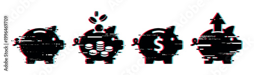Glitch effect piggy bank icons illustrating financial savings, investment growth, and money management concepts in a modern digital style.