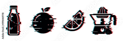 Juice bottle, citrus fruit, manual juicer vector icons featuring a trendy digital glitch effect, illustrating beverage preparation.