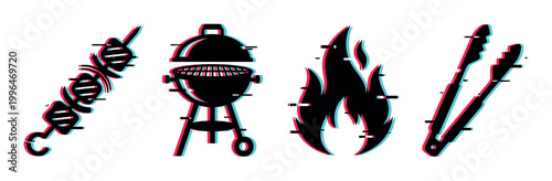 Barbecue grill, skewer, flames, and tongs with a modern digital glitch effect, perfect for summer party invitations or cooking event promotions.