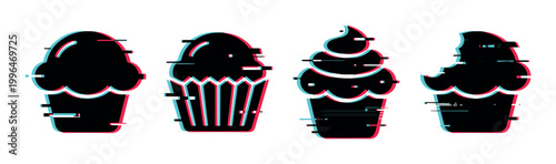 Four distinct cupcake icons featuring a trendy digital glitch effect with cyan and magenta color shifts, ideal for modern graphic design projects.