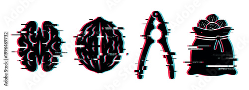 Brain, walnut, nutcracker, and nuts vector icons with a modern digital glitch effect, symbolizing intelligence and problem-solving.