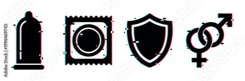 Condom, shield, and gender symbols with a modern glitch effect representing sexual health and protection awareness.