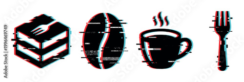 Glitch effect food and drink icons featuring digital distortion and anaglyph color shift for modern design.