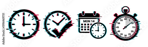 Glitch effect time icons set with clocks, calendar, and stopwatch representing scheduling, deadlines, and digital disruption.