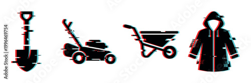 Shovel, lawnmower, wheelbarrow, and raincoat icons with a modern digital glitch effect, representing gardening and outdoor work.