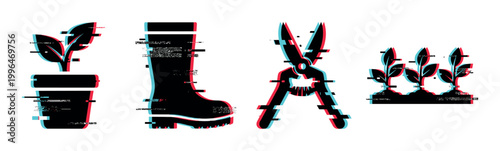 Gardening tools and plants vector illustration set with a modern glitch effect, representing horticulture and digital art.