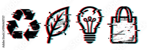 Glitch effect eco-friendly symbols including recycle, leaf, lightbulb, and shopping bag representing sustainability and environmental concepts.