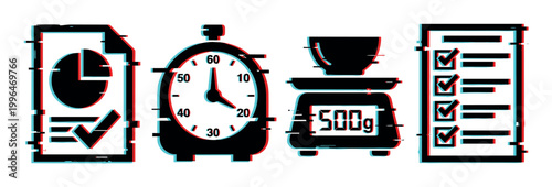 Glitch style icons for business and productivity metrics, including data analysis, time management, precise weighing, and task completion.