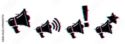 Glitch effect megaphone icons with sound waves, exclamation mark, and star representing digital communication and important announcements.