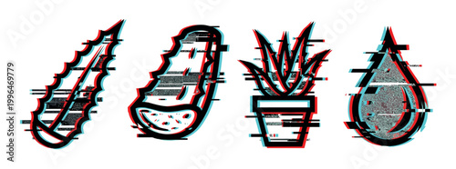 Glitch effect feather, watermelon, plant, and water drop icons with digital distortion and retro anaglyph style.