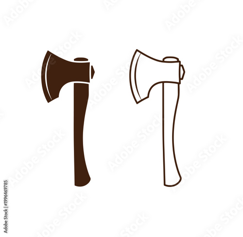 Two axes with brown and white handles and blades on white background