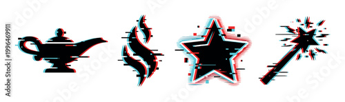Genie lamp, flame, star, and magic wand illustrations featuring a vibrant anaglyph glitch effect for digital design.