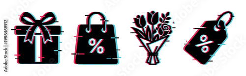 Glitch effect shopping icons featuring a gift box, shopping bag, flower bouquet, and discount tag for modern digital promotions.