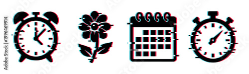 Glitch effect icons featuring an alarm clock, flower, calendar, and stopwatch, representing time, nature, and planning with a modern digital distortion style.