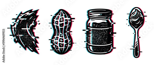 Peanut butter jar, spoon, and whole peanut with a modern anaglyph glitch effect and textured illustration style.