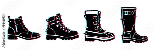 Four different types of boots silhouettes with a modern glitch effect, representing various footwear styles for different weather conditions and activities.